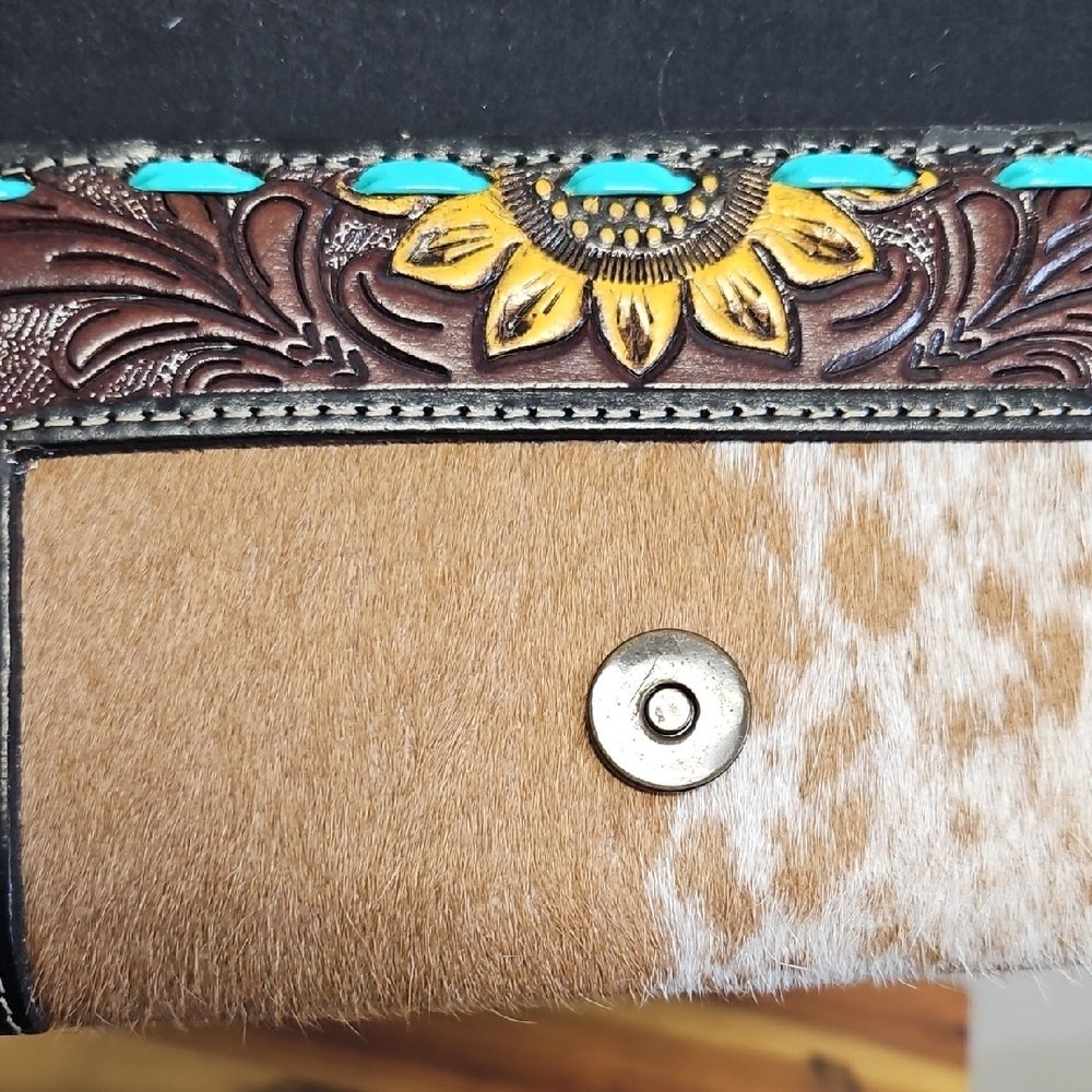 Handmade Western Calf Hair Sunflower Tooled Leather Country Clutch Wallet Bifold - Picture 6 of 10